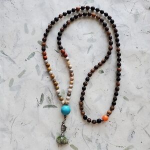 Wooden Mala Buddhist Prayer Beads Necklace Wire Wrapped Peridot Crystal Boho